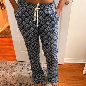Roxy Navy Patterned Pants with Cream Drawstring